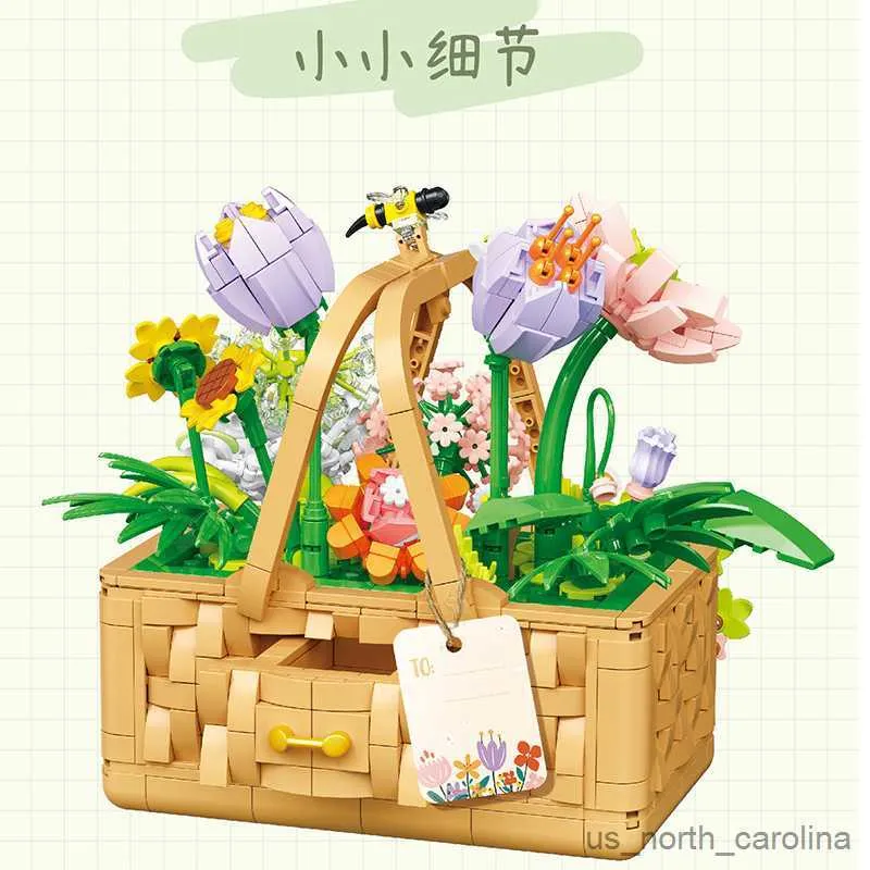 Blocks Creative Flower Series Summer Sunshine Flower Basket Decorative Ornaments Buildblocks Toys Gifts R230905