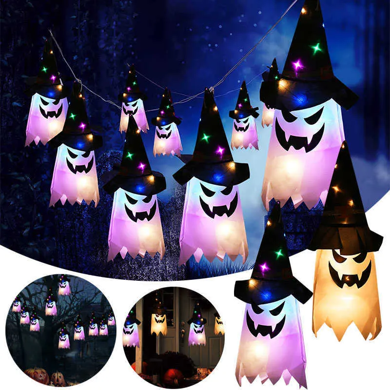 Halloween Decoration Ghost LED Lights Glowing Horror Props Ghost Witch Hat Hanging Lamp Happy Halloween Party Home Outdoor Light