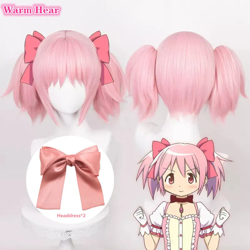 Cosplay perukları kaname madoka peruk anime puella Magi Madoka Magica cosplay peruk pembe kısa 30 cm çift at kuyruğu peruk ısıya dayanıklı saç cadılar bayramı 230904