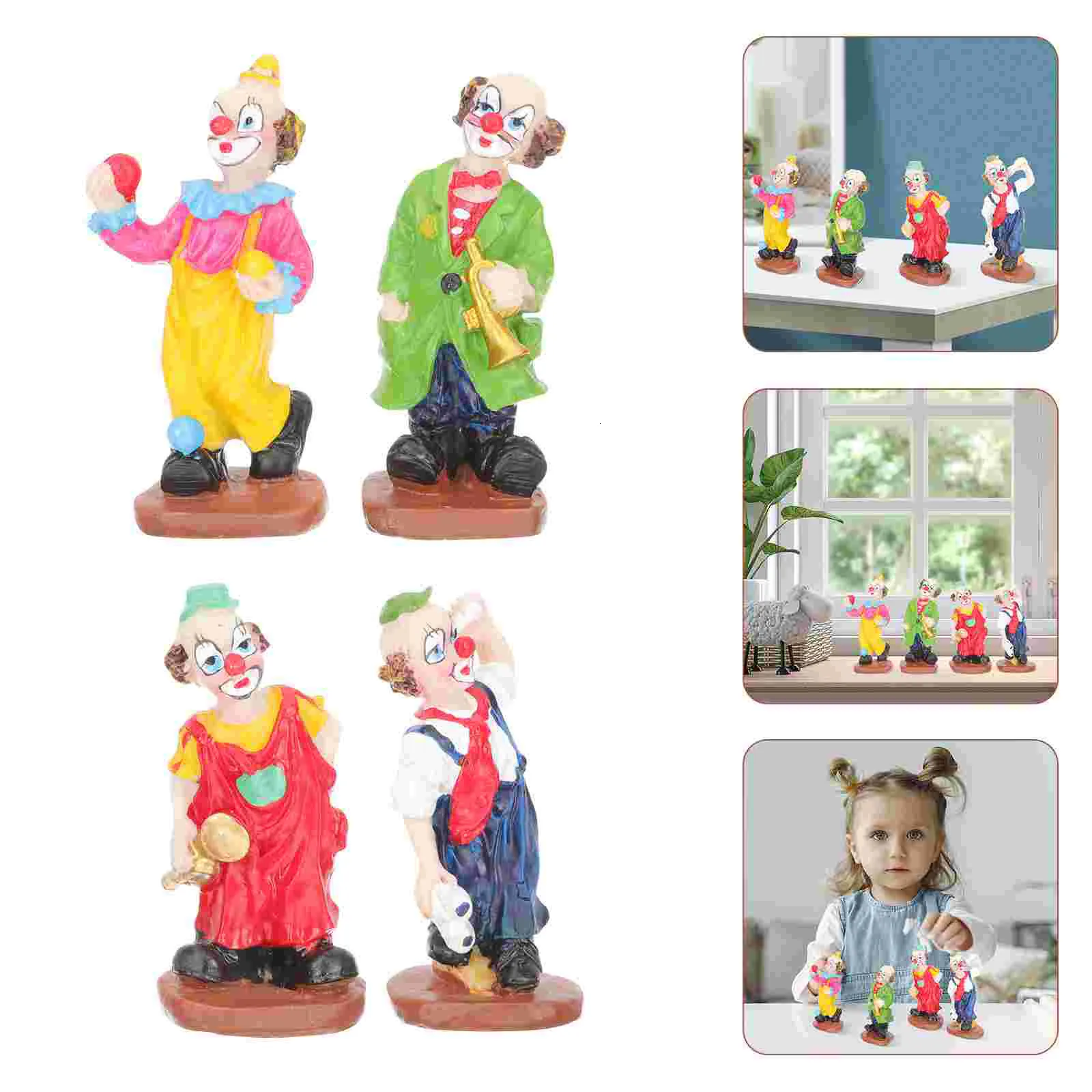 Dolls 4 Pcs Circus Clown Sculpture Halloween Ornaments Table Toy Model Statue Kids Car Accessories 230904