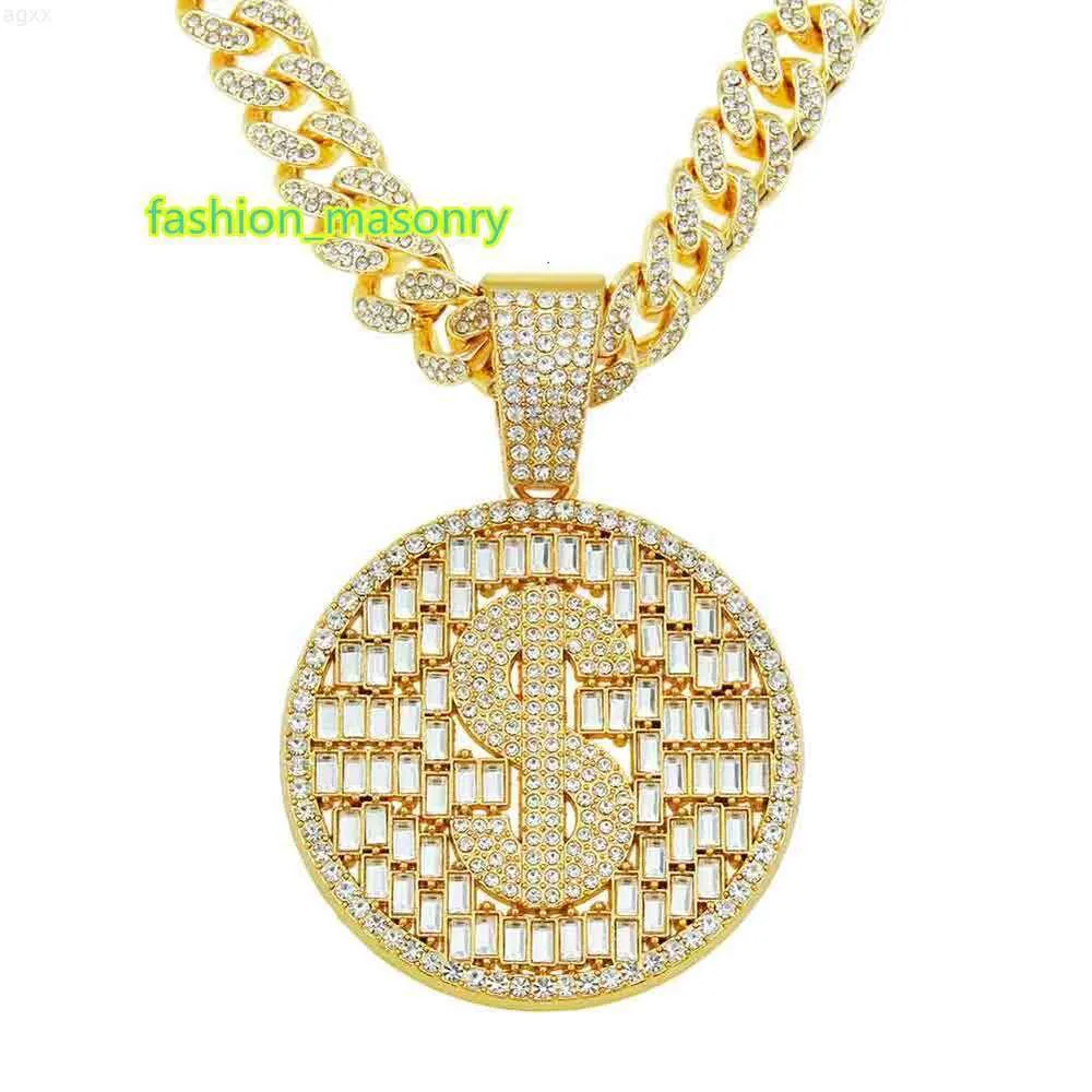 Hip-Hop Full Diamond Dollar Round Card Hollowed-Out Pendant Cuban Chain Halsband Herrkylning