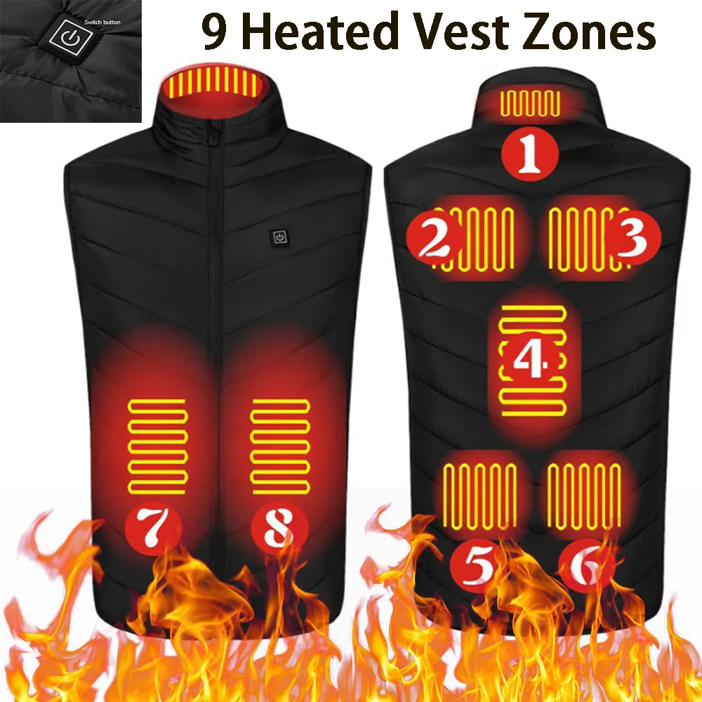 Erkek yelek unisex usb elektrikli ısıtma yeleği 9 alan ısıtma kontrol sıcaklık ceketi akıllı, Fermuarlı açık ısıtmalı yelek erkekler/kadınlar 230904