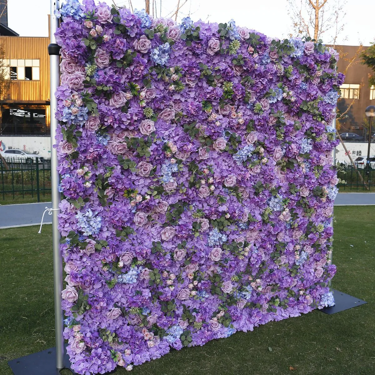 8x8ft lila 5d rosblommvägg gjord med tyg rullat upp konstgjorda hortensia arrangemang för bröllopsbakgrundsdekoration