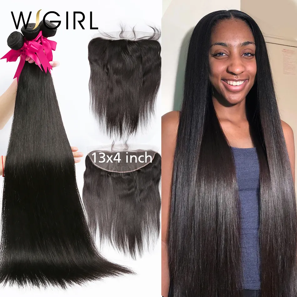 Синтетические парики Wisgirl 28 30 32 34 40 inci rambut Brasil jalinan 3 4 Bundel dengan 13x4 renda Frontal dan penutup Remy lurus 100 manusia 230905