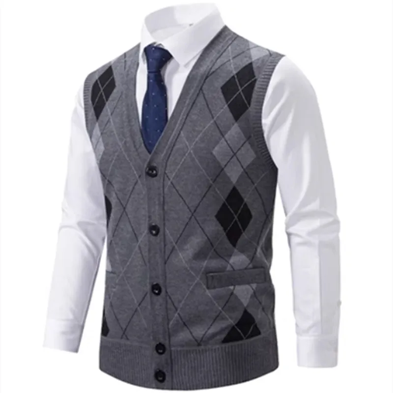 メンズベスト濃厚なフリース高品質の男性の袖なしCardigan編みベストジャケットの基本的な秋のヴィンテージカジュアル230904