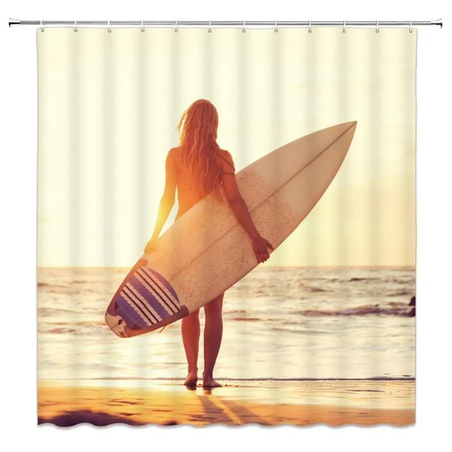 Oceaan Meisje Surf Douchegordijnen Strand Landschap Zeester Shell Badkamer Decor Thuis Bad Waterdicht Polyester Gordijn Set1258e