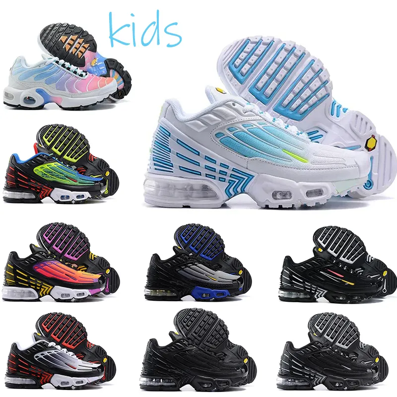 TN Enfant TN3 Baby Barnskor Running Shoe Girls and Boys Quality Tennis Triple Black White Spädbarn Sneakers Rainbow Cushion Jogging Children Sportskor Storlek 28-35