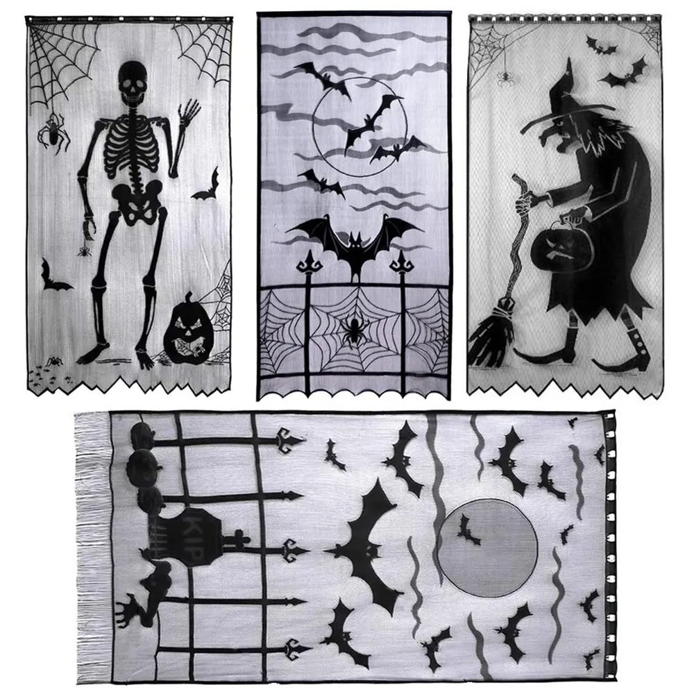 Otros suministros para fiestas de eventos Cortinas decorativas de encaje de Halloween Murciélagos / Calavera / Diablillo arrastrándose / Cortinas de brujas Tela de araña negra Estufa de vacaciones Toalla Chimenea Paño 230905