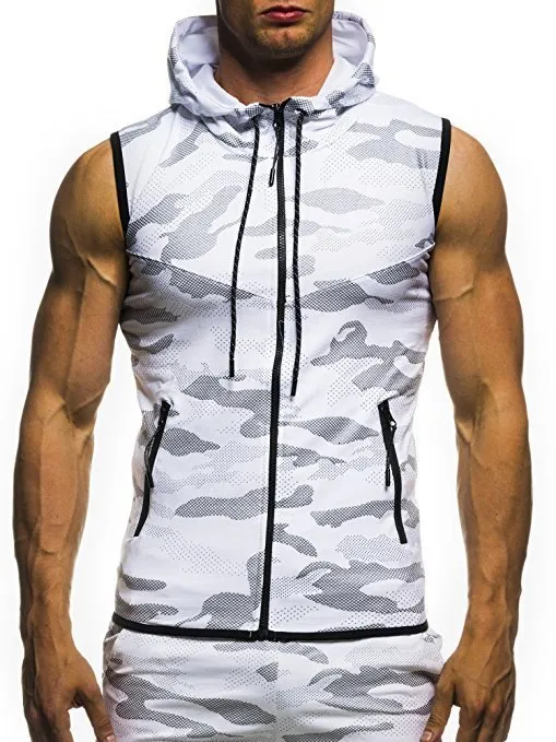 Herrväst med huva camouflage ärmlös träningströja för gym_voghion.com