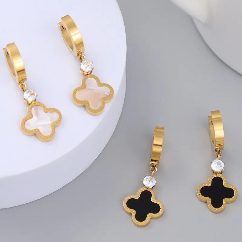 Popular Clover Charm Earring Gold Stainless Steel Huggie Earrings