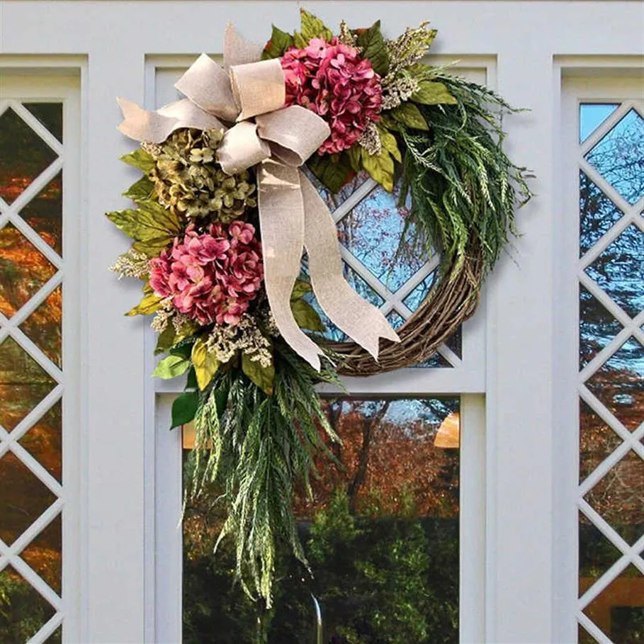 Corona di ortensie rosa della fattoria Ghirlanda artificiale rustica per la casa per la decorazione della parete della porta d'ingresso Q0812241n