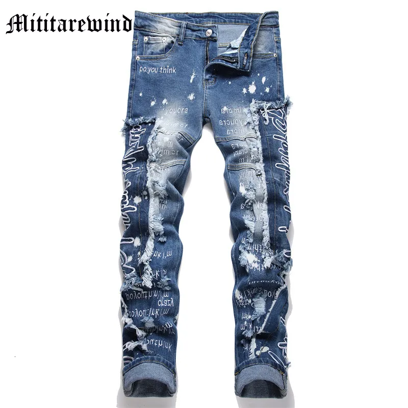 Mäns jeans blå retro skarvade hålbrev broderi high street smal vintage mustasch denim byxor i full längd y2k hiphop 230904
