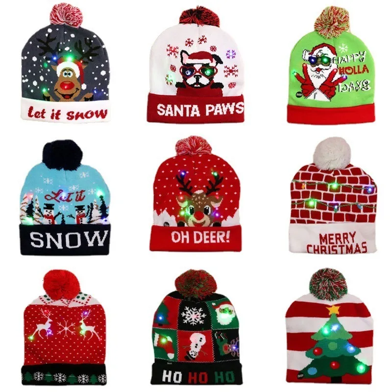 Juldekorationer LED -stickad hatt söta vuxna barn mjuk beanie Santa dekoration år present navidad noel xmas 230905