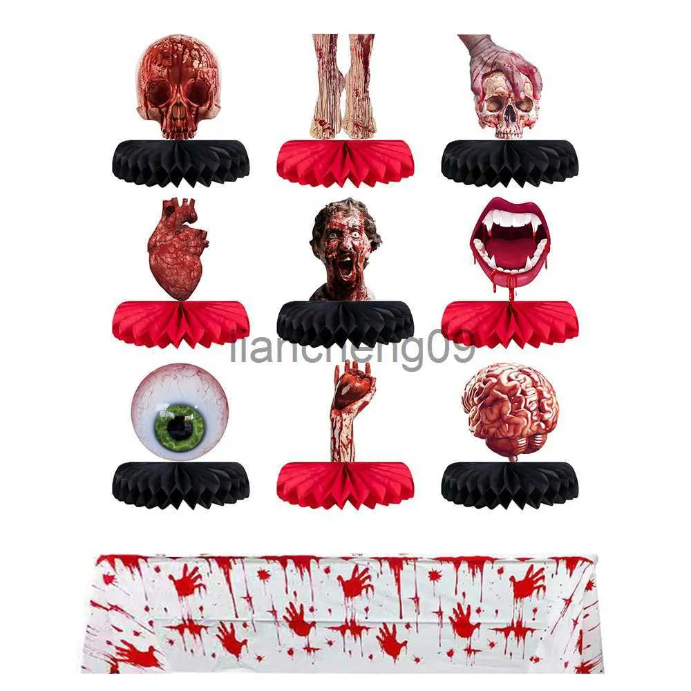 Décoration de fête Décorations d'Halloween pour la maison Halloween Sang Handprint Nappe Halloween Scary Skull Heart Eyeball Honeycomb Ball Ornement x0905