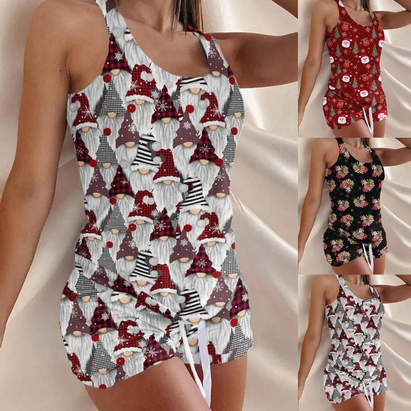 Women's Tracksuits Pyjamas For Women Casual Christmas Print Tank Tops Shorts Sleeveless Suit Pajama Set Sleepwear Teen Pajamas