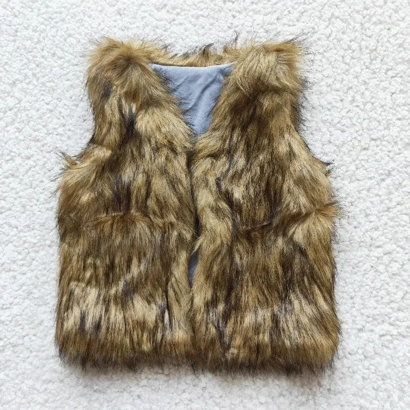 Vest Groothandel Bruin Foux Bont Baby Meisje Zachte Jas Mouwloos Kind Revers Kinderen Winter Vest Kleding Baby Boutique Peuterkleding 230904