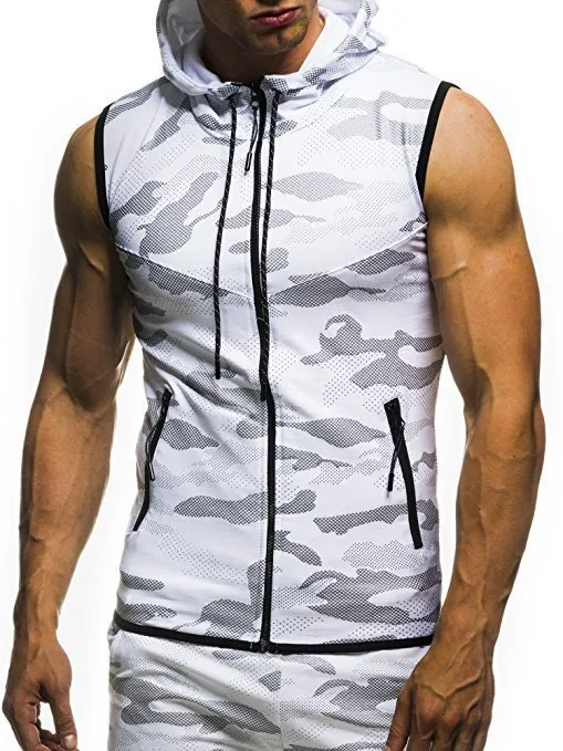 Herrväst med huva camouflage ärmlös träningströja för gym_voghion.com