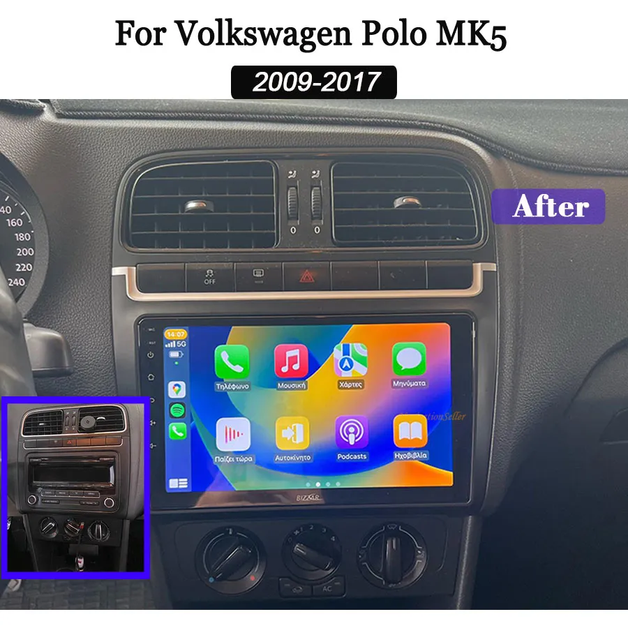 Авторадио для Volkswagen Polo MK5 2009-2017 Головное устройство Android12 GPS-навигация 1080P HD с сенсорным экраном Мультимедийный плеер с Apple CarPlay Wi-Fi Bluetooth DSP Автомобильный DVD