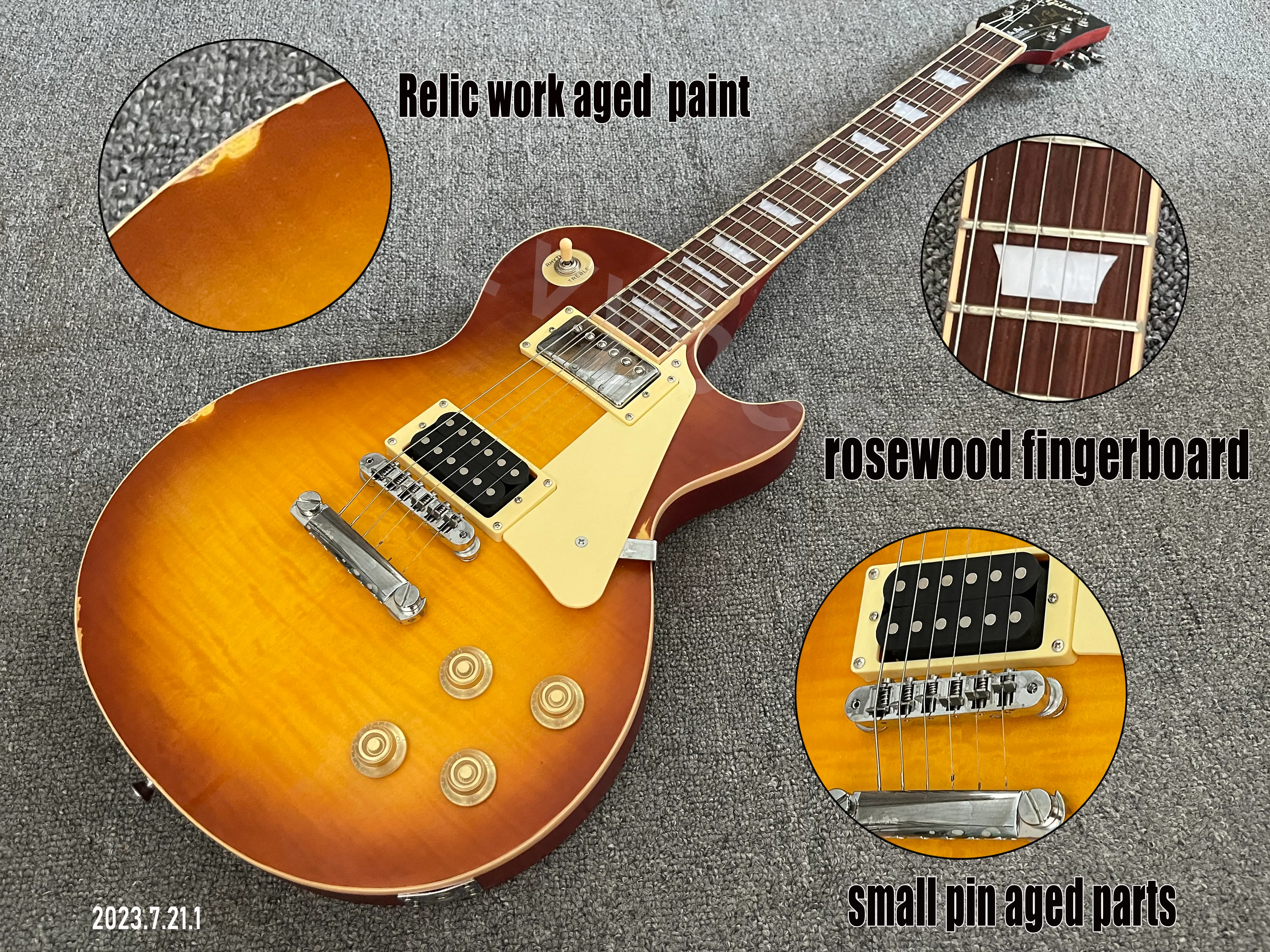 Electric guitar Jimmy page model relic honey burst paint and aged parts small pin bridge bone nut rich flame top