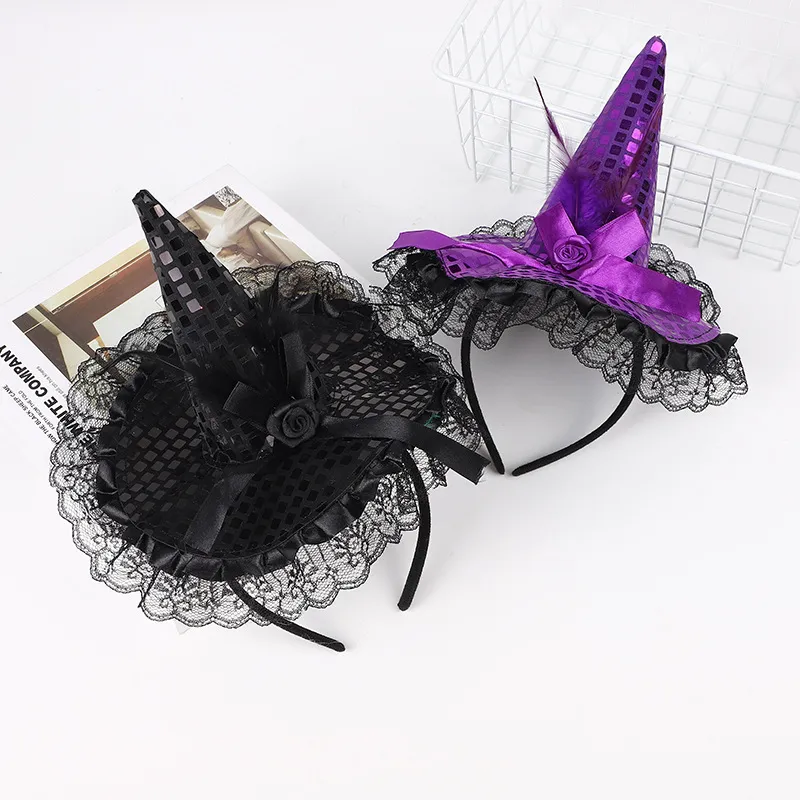 Halloween Decorative Witch Magic Party Hat Hair Band Makeup Ball Performance Lace Lace Lace Sequin Hat Headband