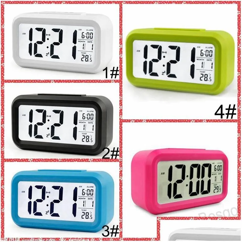 Bureau Tafelklokken Plastic Mute Wekker LCD Slimme Temperatuur Schattig Posensitive Nachtkastje Digitaal Sn Nachtlampje Kalender Bh4298 Drop D Dhxjc