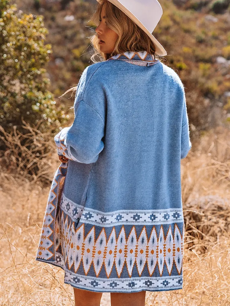 Bohemian Blue Printed Knitted Boho Cardigan For Women Loose Fit