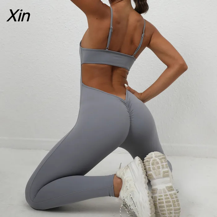 ヨガの衣装2023 Baru Bodysuit Punggung Terbuka Kebugaran Wanita Romper Seksi Setelan Olahraga Legging Jumpsuit Combinaison Set Gym 230905