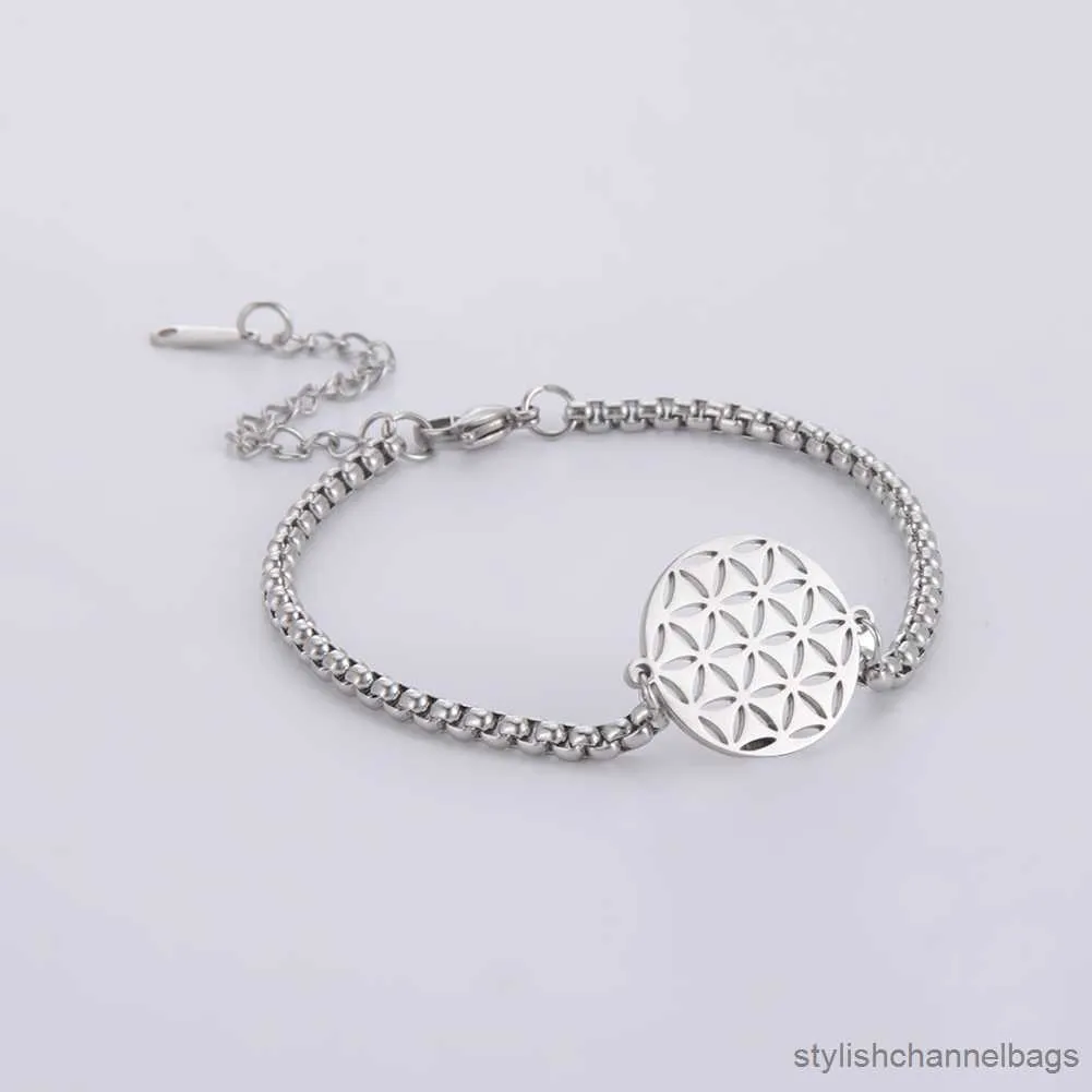 Charm Armbands Flower of Life Charm Rostfritt stål Mandala Box -armband Bangle för kvinnor Pulseira smycken gåvor Partihandel Ny R230905