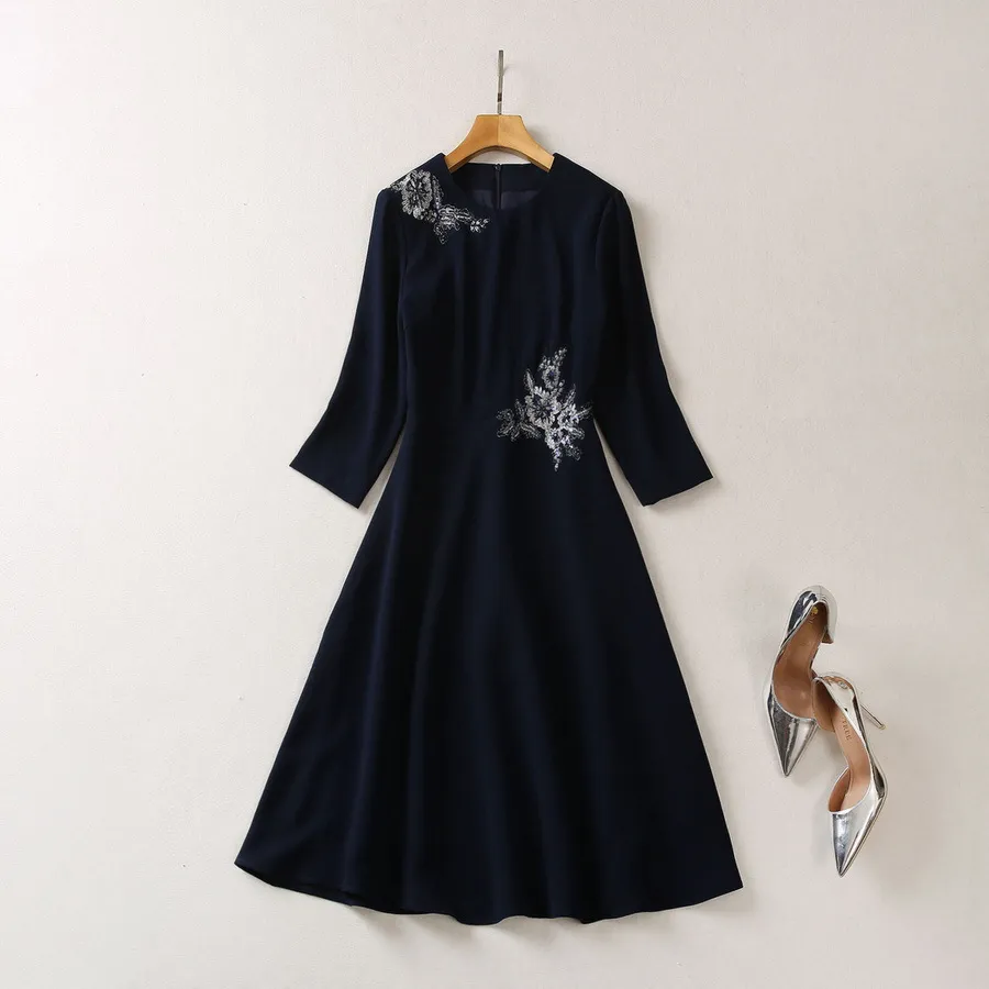 2023 Autumn Blue Floral Embroidery Dress 3/4 Sleeve Round Neck Panelled Midi Casual Dresses S3S020831