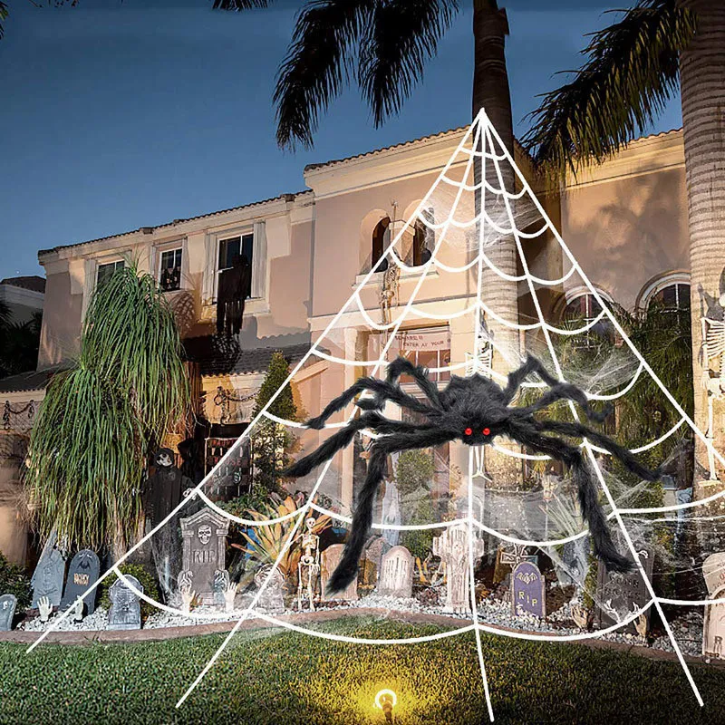 Andra evenemangsfestleveranser Halloween Spider Web Triangular Net Simulation Overdimensionerad Plush Spider Ghost Festival inomhus och utomhusdekorativa rekvisita 230905