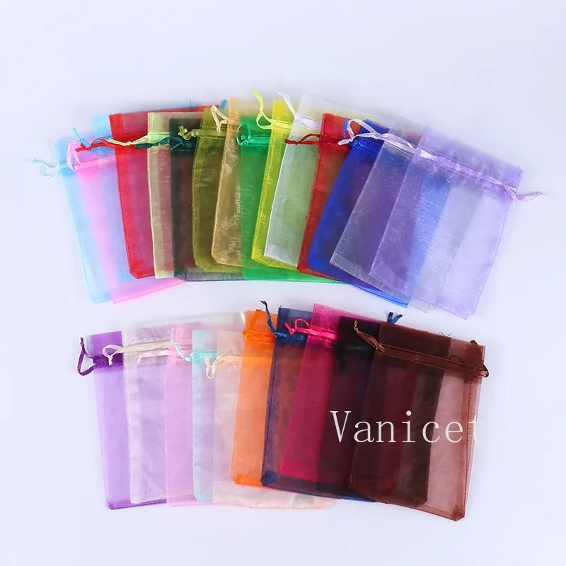 7 * 9 cm Sacs d'emballage de bijoux en organza Cadeau de Noël Sac de bonbons de fête de mariage Sac à cordon en gaze pure Sac de fil cosmétique de couleur unie T9I002444