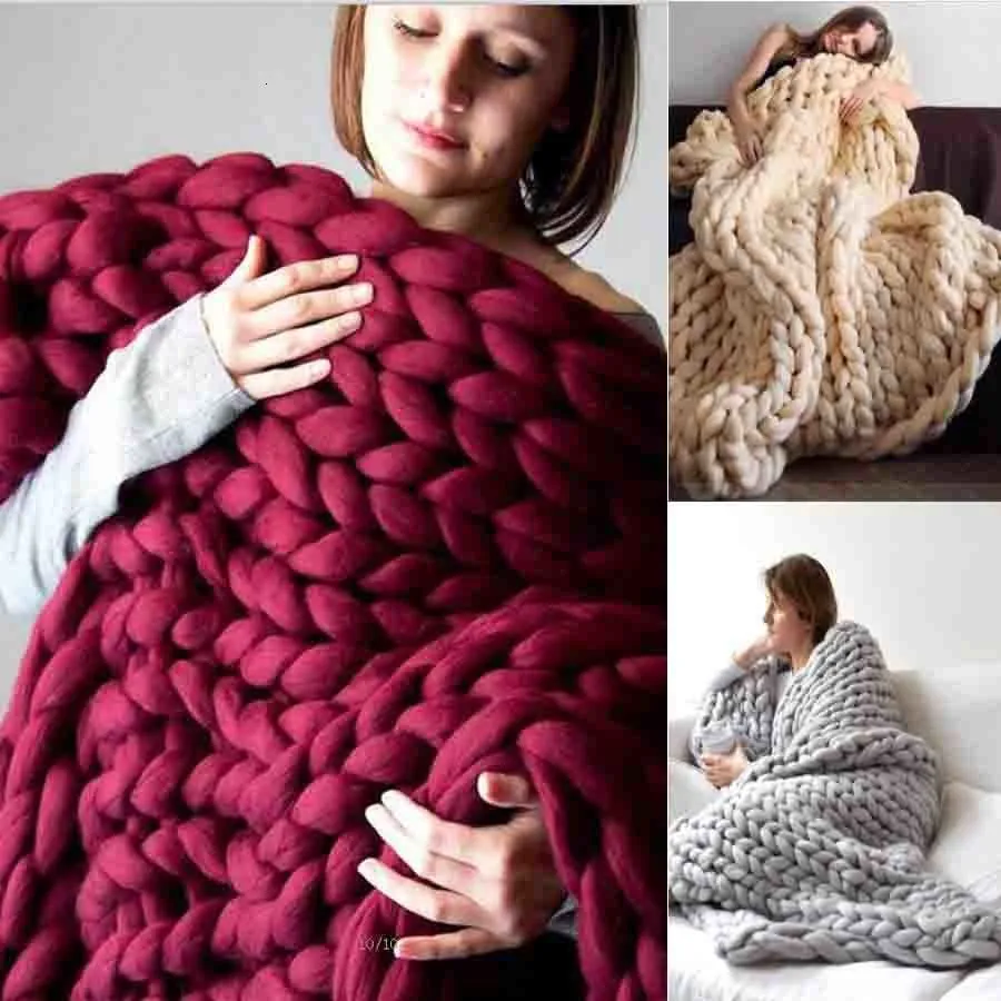 Coperte WOSTAR Moda grossa coperta di lana merino spessa filato grande vagante lavorato a maglia inverno caldo coperte divano letto 230905