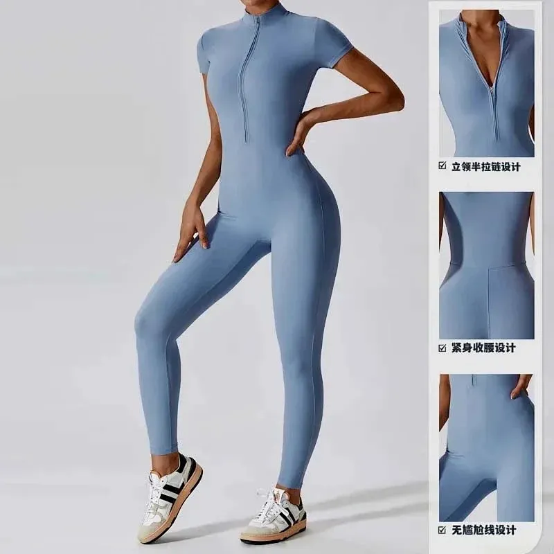 Neues einfarbiges Fitness-Sport-Stehkragen-Halbreißverschluss-Nacktgefühl-Damen-Kurzarm-Einteiler-Yoga-Kleid
