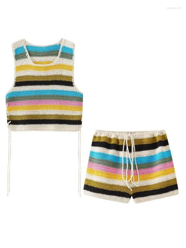 Kvinnors träningsdräkter Kumsvag 2023 Kvinnor Summer Knitting 2-stycken sätter mode randiga korta tank tops och shorts kvinnlig elegant sreet två