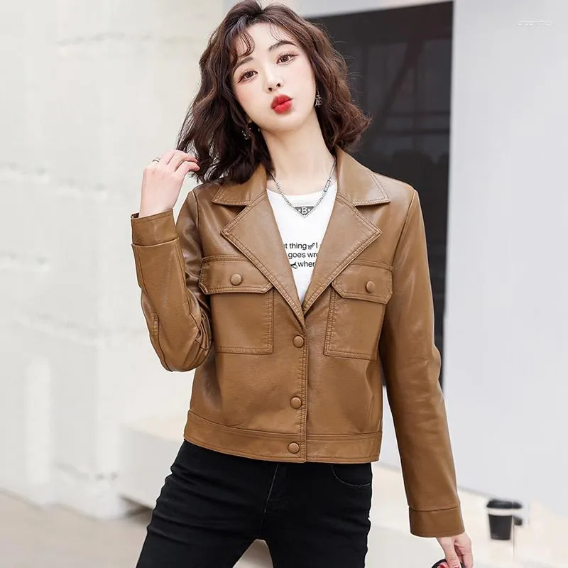 Women's Leather Spring Autumn Women Jacket Fashion Ladies Single Breasted Biker Coat Casual Short Tops Sheepskin Outerwear Female