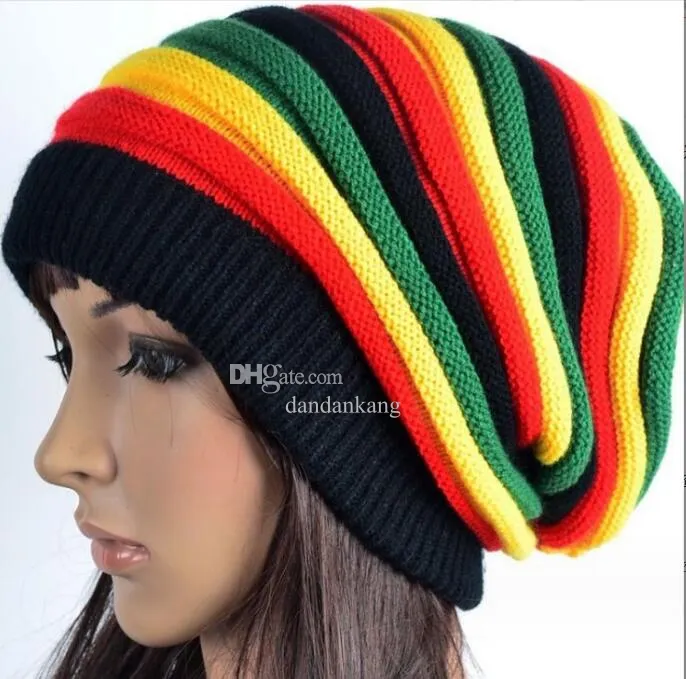 Hot Acryl Unisex Jamaica Rasta Beanie Damen Regenbogenstreifen Strickmütze Sport Winter Warm Winter Gestrickte klobige Slouchy Beanies Cap