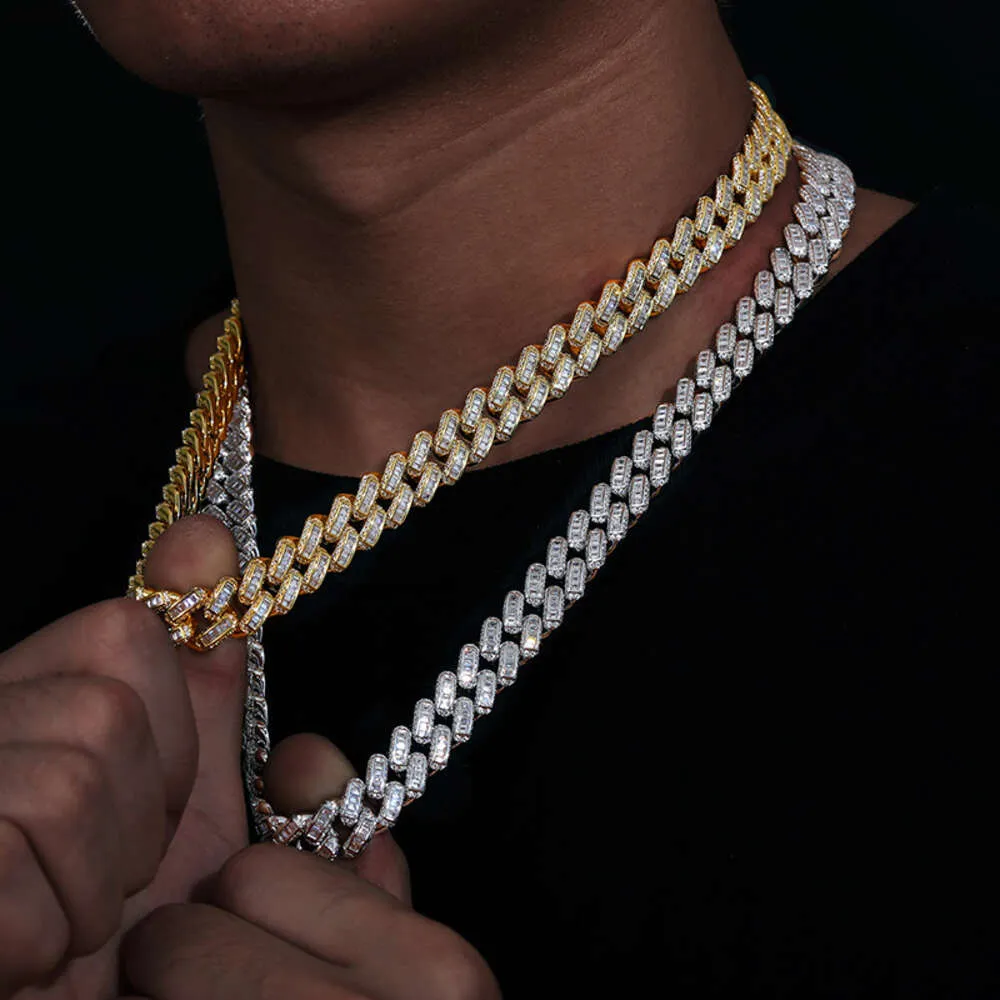 Satış Rapçi Hip Hop Takı 12mm 925 STERLING Gümüş VVS Baguette Moissanite Elmas Küba Bağlantı Zinciri Kolye