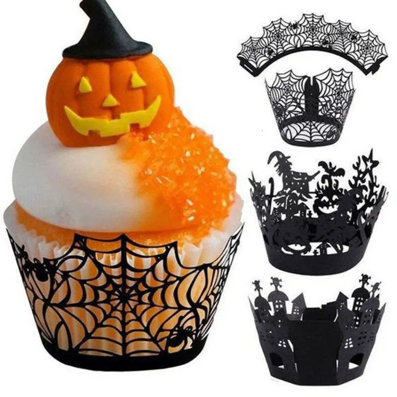 Weihnachtsdekorationen, 12 Stück, Halloween-Thema, Cupcake-Förmchen, Dekor, glänzend, Spinnennetz, Schloss, Hexe, Kürbisform, Kuchendekoration, Partyzubehör 230905