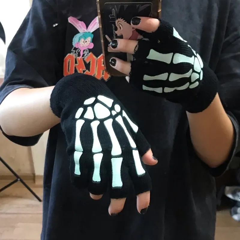 Mittens Punk Gloves Unisex Halloween Skeleton Skull Half Finger Gloves Glow In The Dark Fingerless Stretch Knitted Winter Mittens 230905