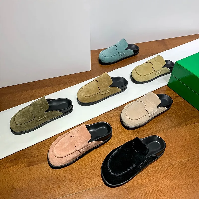 Sandales mules confortables en daim pour femmes, chaussures plates à enfiler avec Support de voûte plantaire, bout rond, semelle antidérapante, pantoufles pour l'extérieur