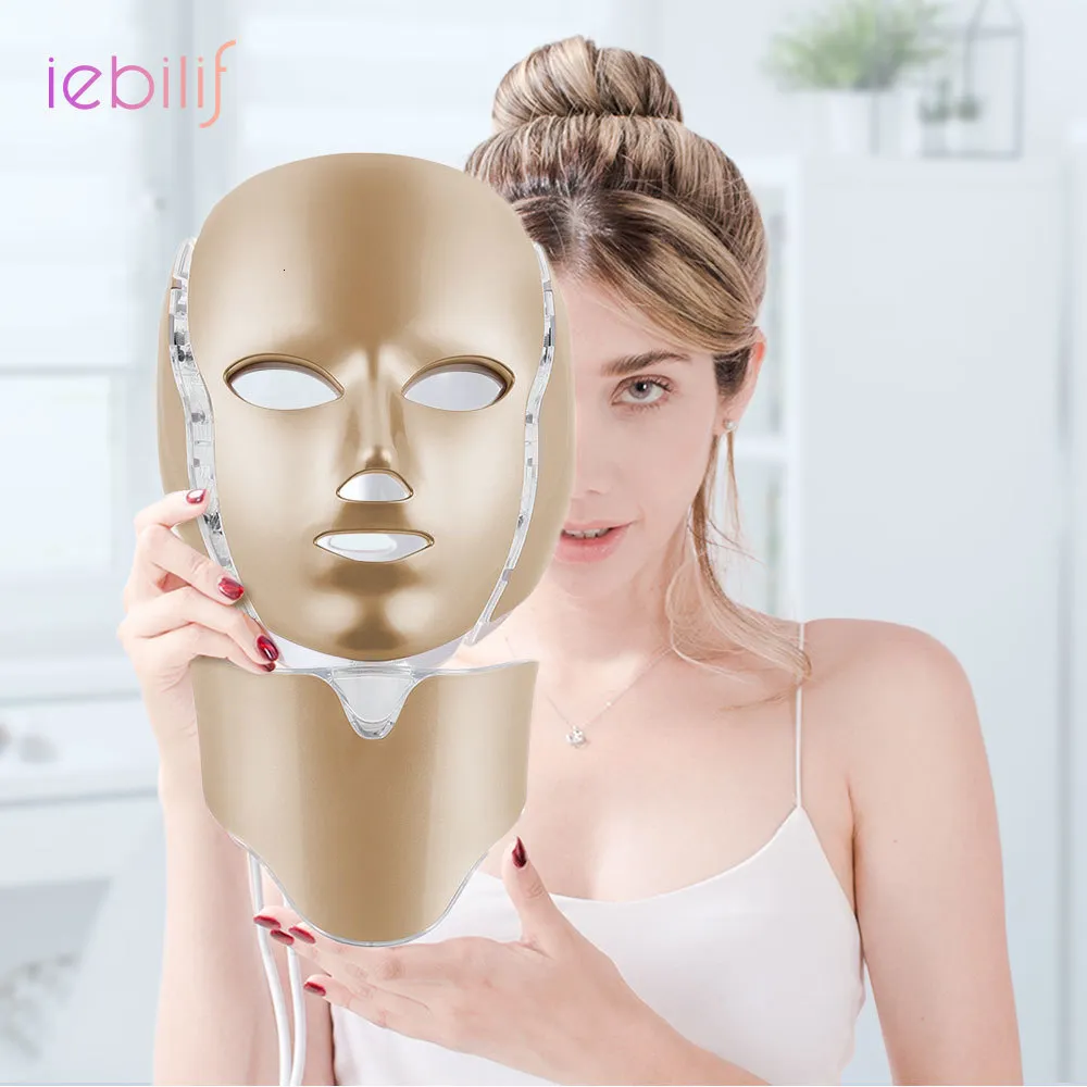 Gezichtsverzorgingsapparaten iebilif Goud LED-masker met nek 7 kleuren Pon-therapie Schoonheidsbehandeling Anti-rimpel Whitening Huidverjongingsmachine 230904