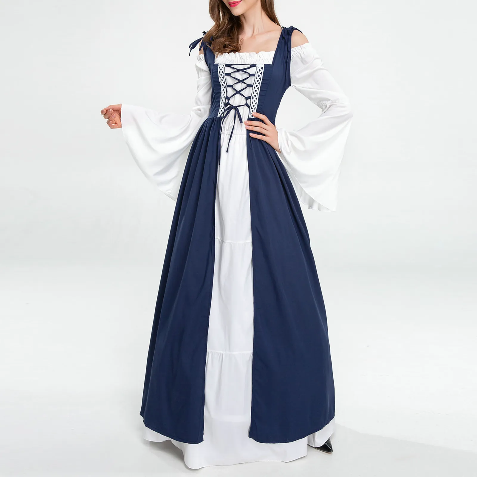 Vestidos casuais básicos espartilho maxi vestido slash neck mulheres cordão longo medieval estilo renascentista flare manga fora do ombro férias outfit 230905