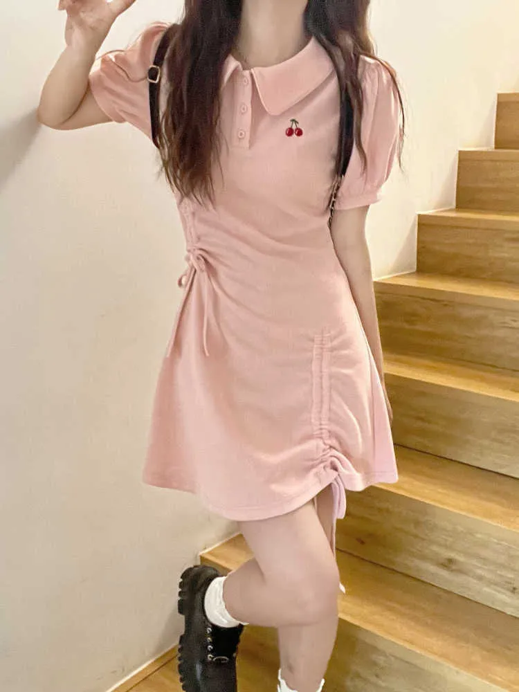 Pink Japanese Kawaii Sweet Mini Dres College Style Ruched Polo Dress Female Korean Casual Short Sleeve Summer 230808