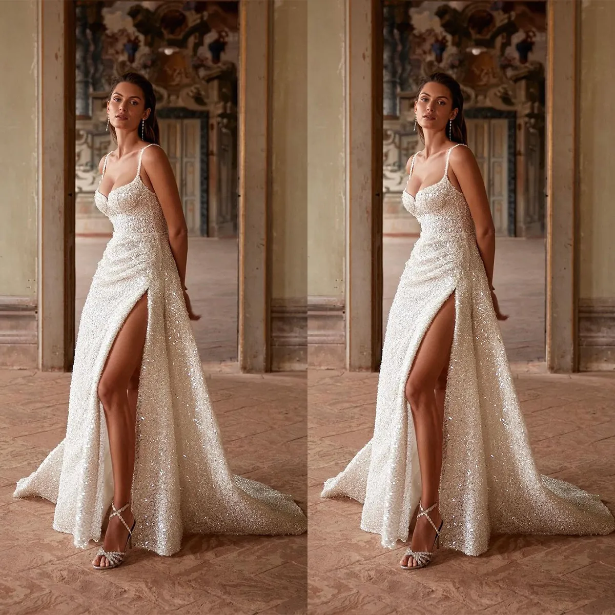 Sparkling Sequined Wedding Dress Shiny Spaghetti Straps Floor Length Custom Made Backless Bridal Gowns Vestido De Novia