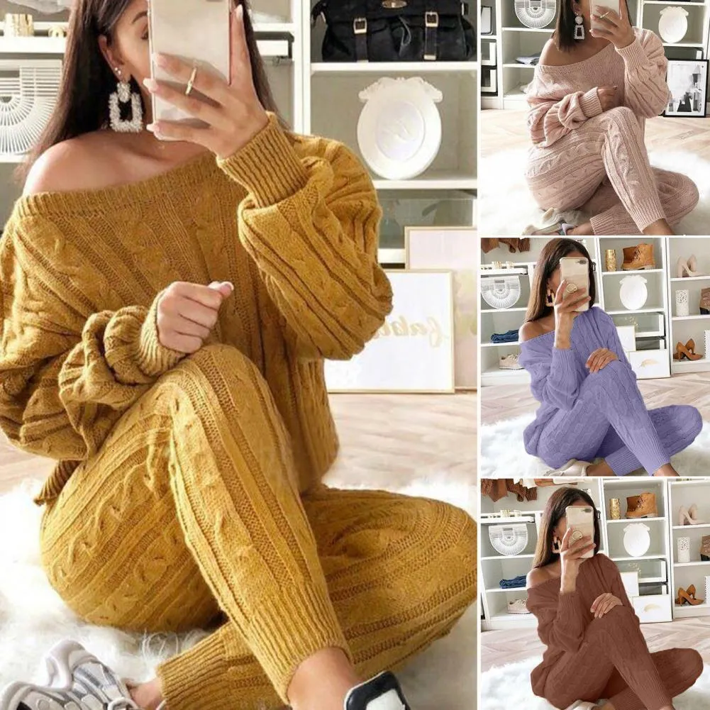 Kadınların Trailsuits Sıradan Sağlam Sıcak Örme Kadınlar Set İki Parça Seksi O yaka Kazak Pantolon Terzini Kış Lady Kıyafetleri Slim 230904