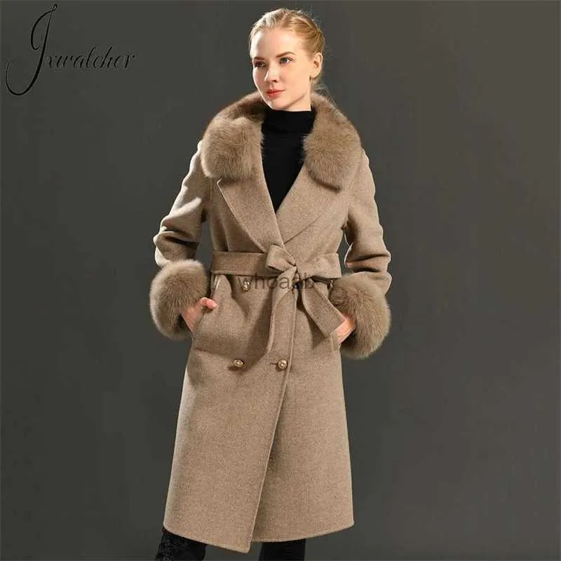 Wełniane mieszanki damskiej kaszmirowej płaszcza wełny wiosna prawdziwa futra futrzana wełniana kurtka wełniana kurtka zimowa regulowana talia Slim Ladies Long Overcoat HKD230904