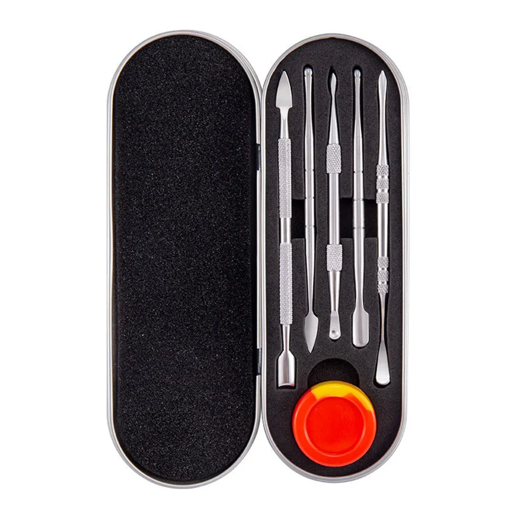6 in 1 Carving Tool Stainless Steel Wax Oil Tin Set with Silicone Jars Portable Travel Cleaning Kit