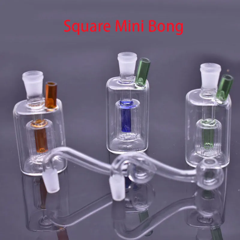 Großhandel Mini bunte quadratische Glas Ölbrenner Rohr Wasser Dab Rig Bong mit Silikon-Strohschlauch und 10 mm männlicher Öl-Rig-Schüssel zum Rauchen