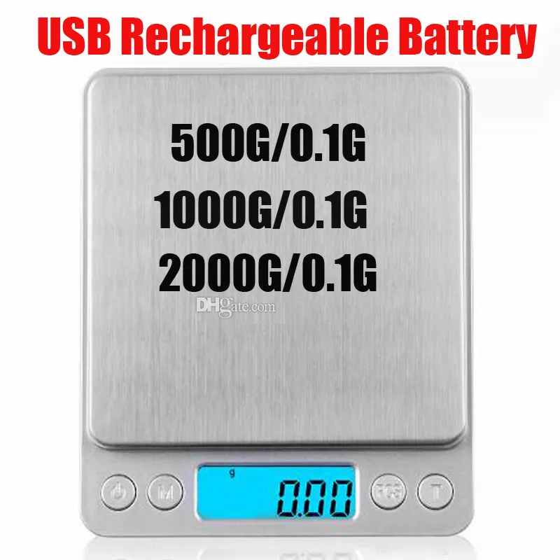 1000g/0,1 g 500g/0,1 g 2000g/0,1 g LCD Portabel USB -uppladdningsbar batteri Mini Elektroniska digitala skalor Fickfodral Postal Kök noggrannhet Smycken Torra ört Vikt Nytt