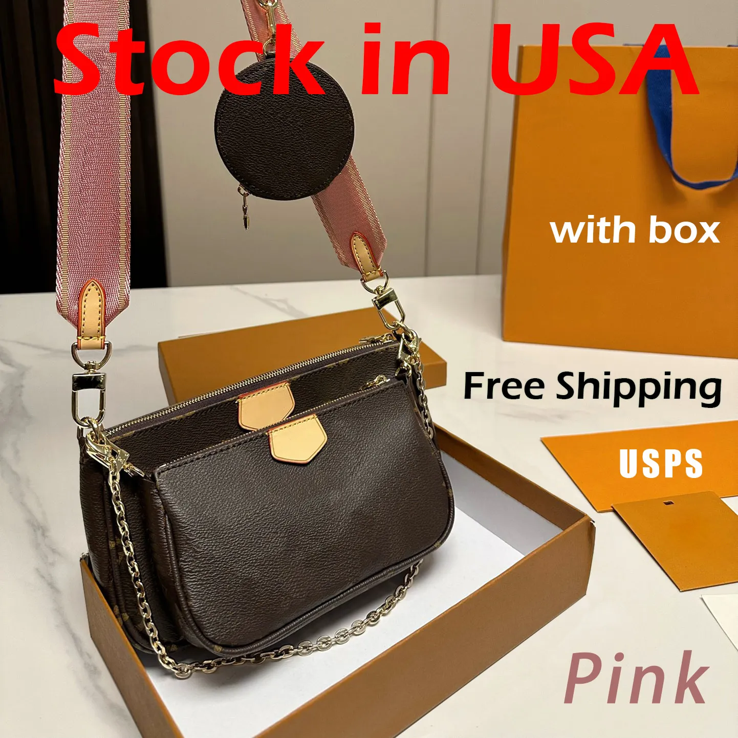 Lagerbestand im Lager in den USA, schnelle Lieferung, Modedesigner-Tasche, Umhängetasche, Cross-Straddle-Tasche, 3-in-1-Rosa-Riemen, Luxusmarke mit Münzfach